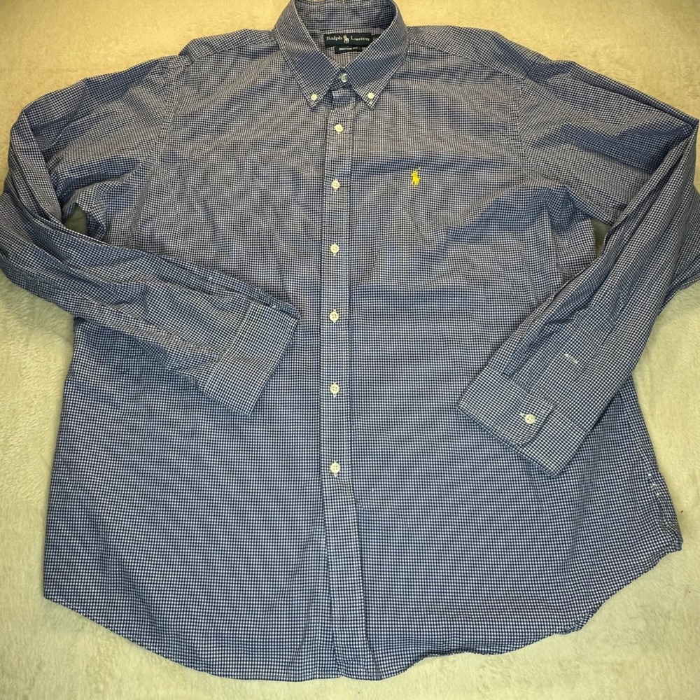 Polo Ralph Lauren Mens XXL Custom Fit Gingham Check Button Down Shirt Blue White